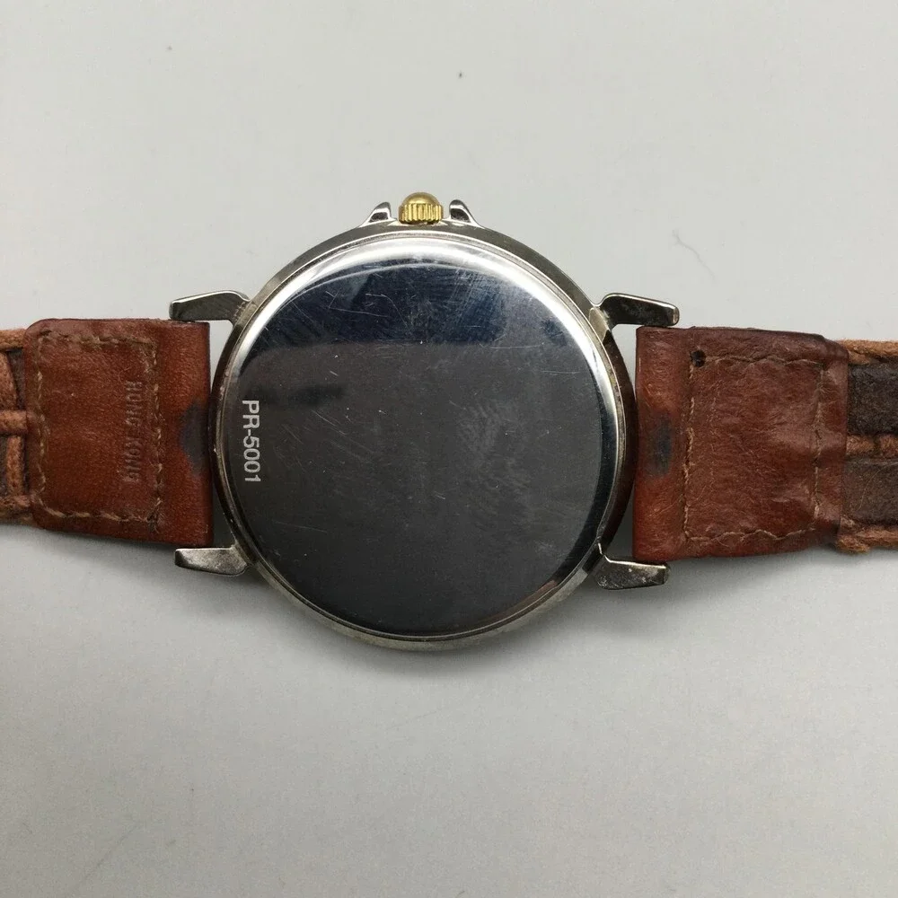 SAP Mens Watch 33mm Black SAP Logo Dial Brown Leather Strap Two Tone New Battery